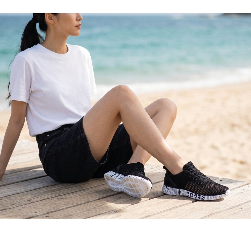 Omega Walk Aqua Water Shoes Black Mesh‎ Breathable Newsprint Sole Womens 10